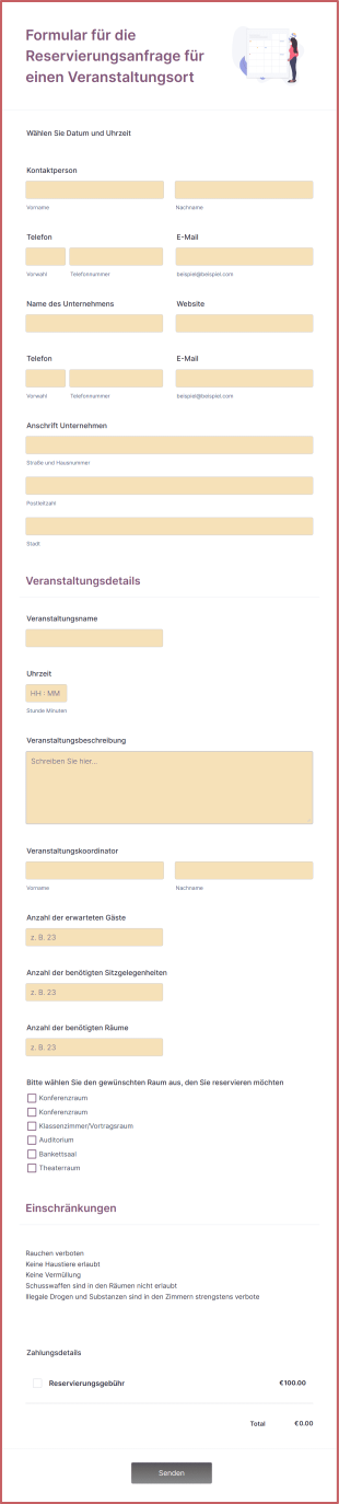 Formular Für Die Reservierungsanfrage Für Einen Veranstaltungsort Form Template