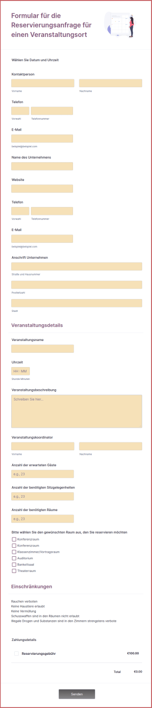 Formular Für Die Reservierungsanfrage Für Einen Veranstaltungsort