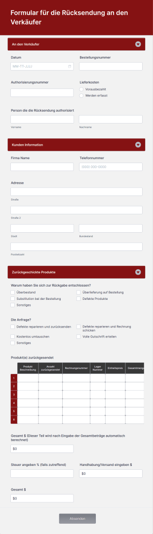 Formular Für Die Rücksendung An Den Verkäufer