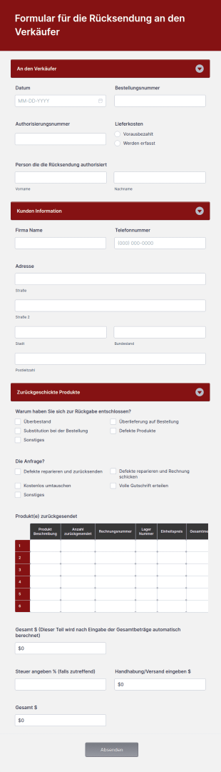 Formular Für Die Rücksendung An Den Verkäufer