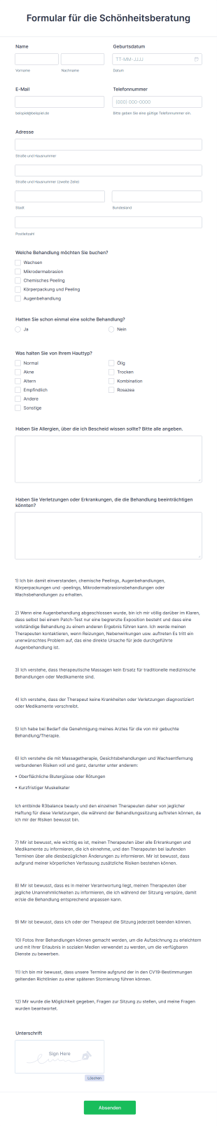 Formular Für Die Schönheitsberatung Form Template