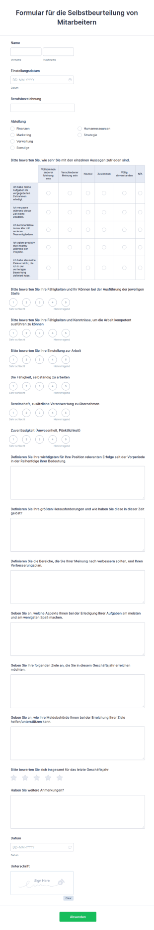 Formular Für Die Selbstbeurteilung Von Mitarbeitern