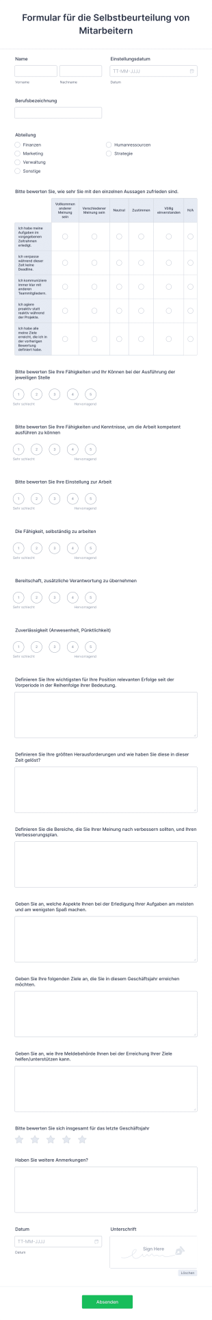 Formular Für Die Selbstbeurteilung Von Mitarbeitern Form Template