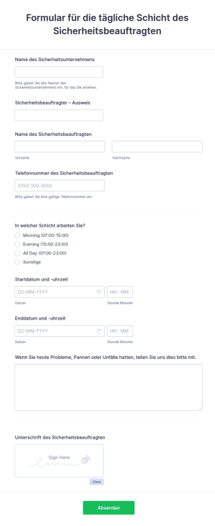 Formular Für Die Tägliche Schicht Des Sicherheitsbeauftragten