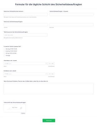 Formular Für Die Tägliche Schicht Des Sicherheitsbeauftragten Form Template