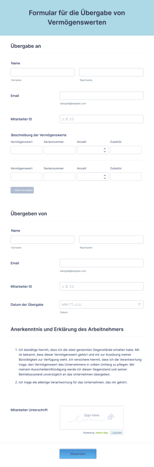 Formular Für Die Übergabe Von Vermögenswerten Form Template
