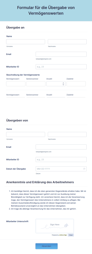Formular Für Die Übergabe Von Vermögenswerten