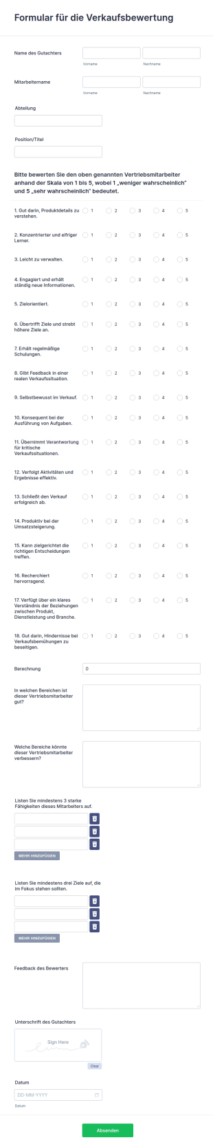 Formular Für Die Verkaufsbewertung