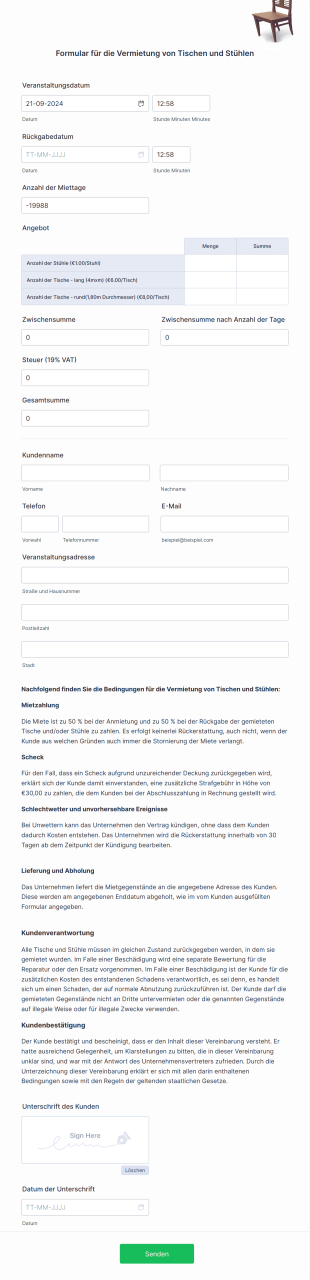 Formular Für Die Vermietung Von Tischen Und Stühlen