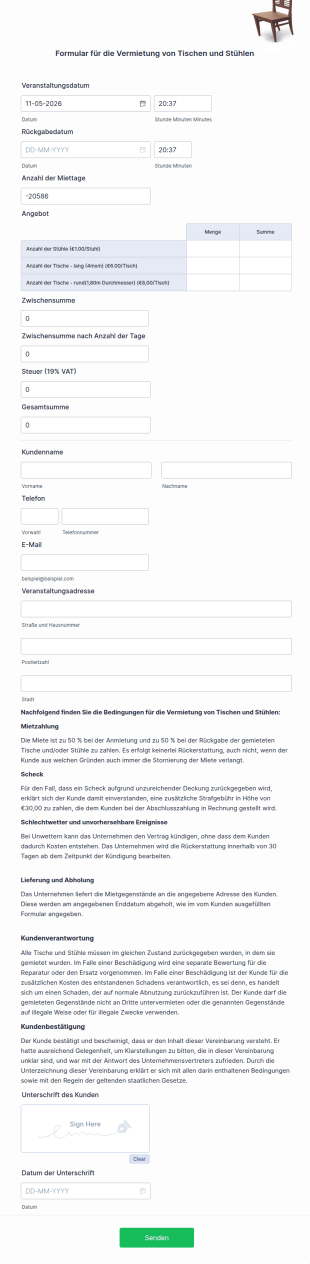 Formular Für Die Vermietung Von Tischen Und Stühlen