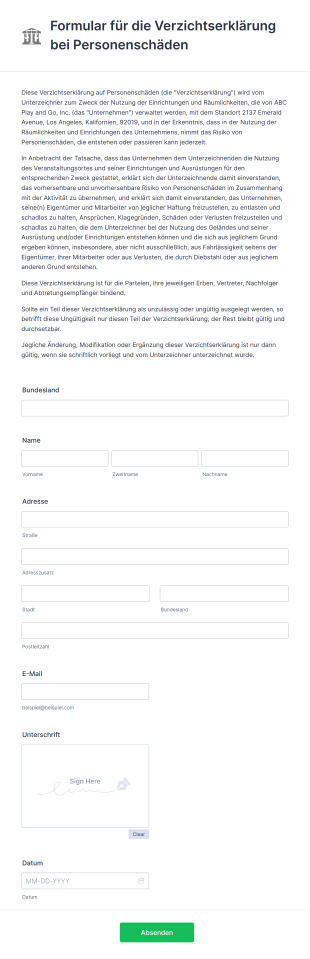 Formular Für Die Verzichtserklärung Bei Personenschäden Form Template