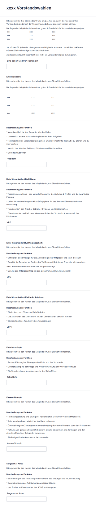 Formular Für Die Wahl Der Vorstandsmitglieder