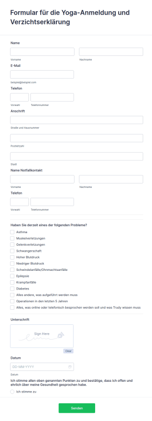 Formular Für Die Yoga Anmeldung Und Verzichtserklärung