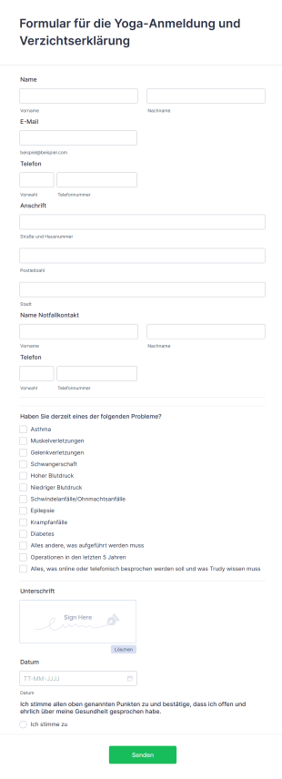 Formular Für Die Yoga Anmeldung Und Verzichtserklärung