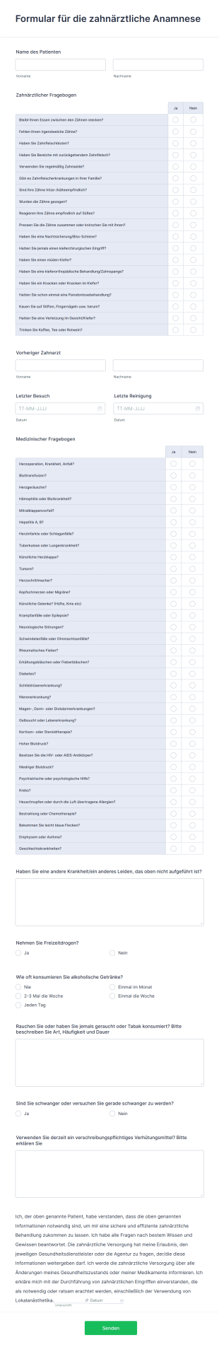 Formular Für Die Zahnärztliche Anamnese Form Template