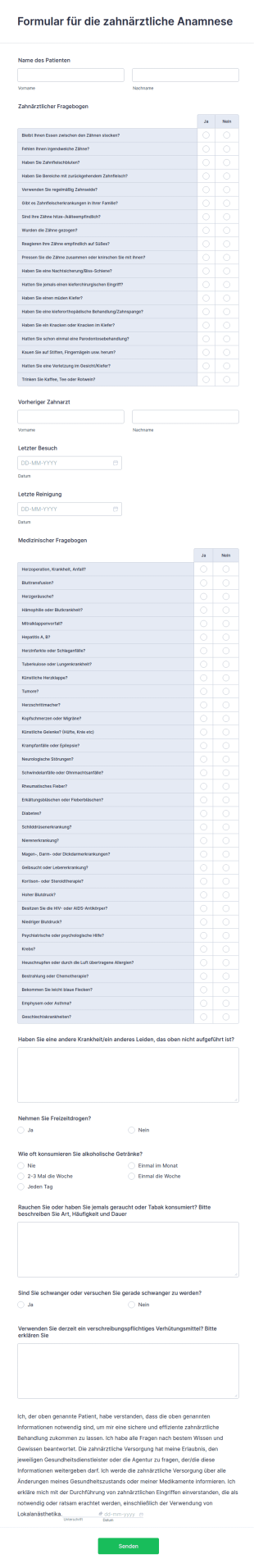 Formular Für Die Zahnärztliche Anamnese