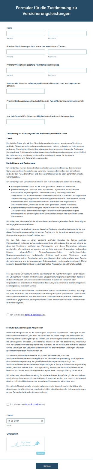 Formular Für Die Zustimmung Zu Versicherungsleistungen Form Template