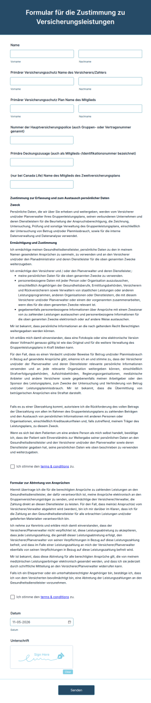 Formular Für Die Zustimmung Zu Versicherungsleistungen
