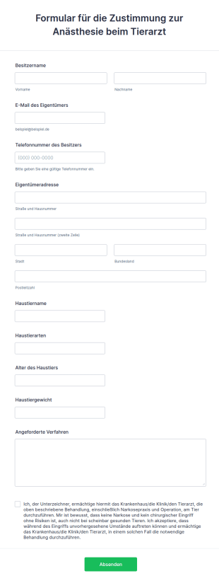 Formular Für Die Zustimmung Zur Anästhesie Beim Tierarzt