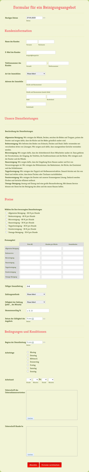 Formular Für Ein Reinigungsangebot Form Template