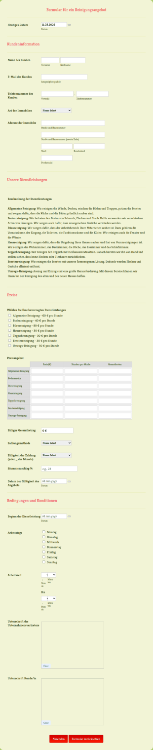 Formular Für Ein Reinigungsangebot