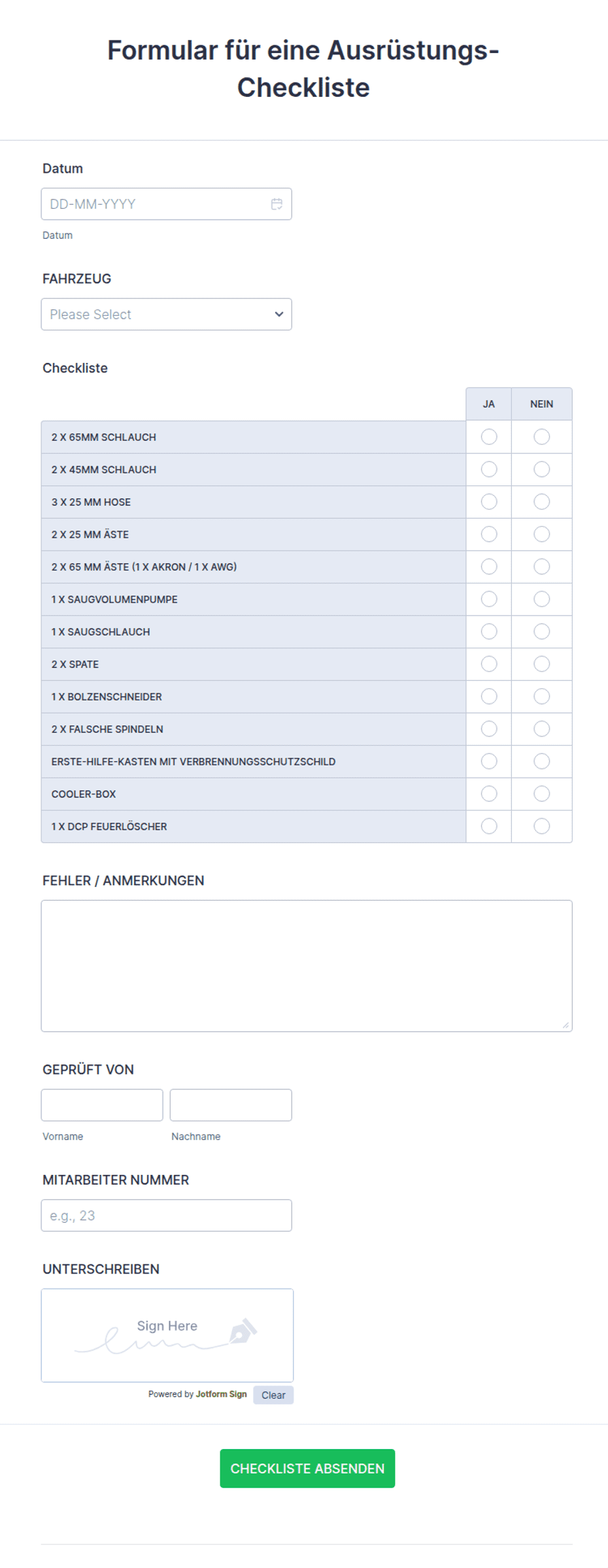 Formular für eine Ausrüstungs-Checkliste Formularvorlage | Jotform