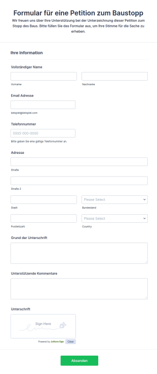Formular Für Eine Petition Zum Baustopp