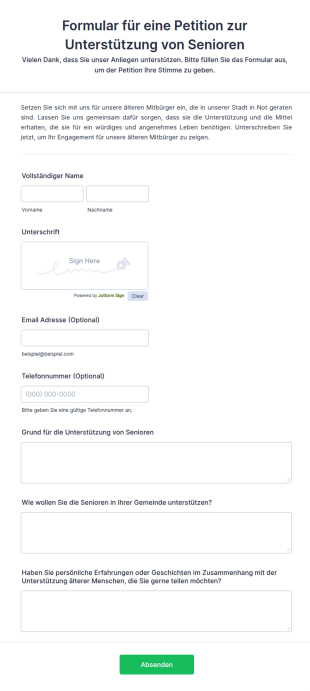 Formular Für Eine Petition Zur Unterstützung Von Senioren