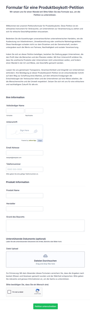 Formular Für Eine Produktboykott Petition