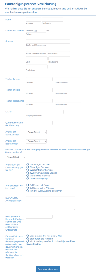 Formular Für Eine Reinigungsvereinbarung