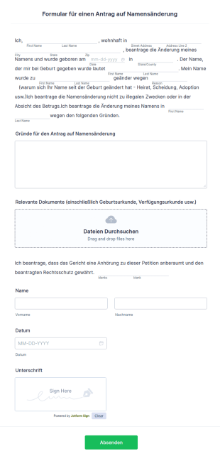 Formular Für Einen Antrag Auf Namensänderung