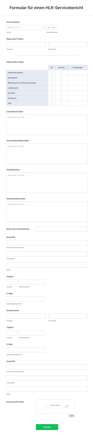 Formular Für Einen HLK Servicebericht