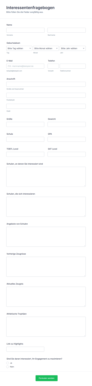 Formular Für Einen Interessentenfragebogen Form Template