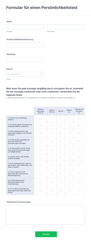 Formular Für Einen Persönlichkeitstest Form Template