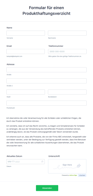 Formular Für Einen Produkthaftungsverzicht Form Template