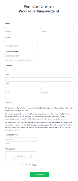 Formular Für Einen Produkthaftungsverzicht