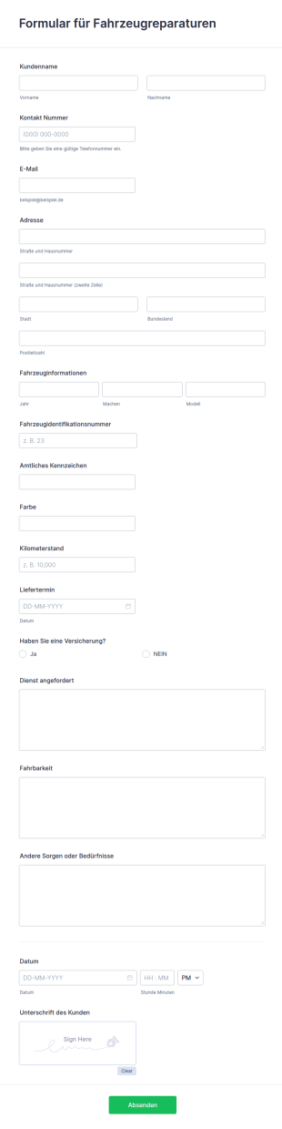 Formular Für Fahrzeugreparaturen
