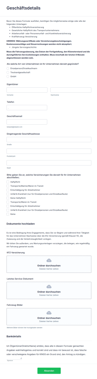 Formular Für Geschäftsdaten Und Bankgeschäfte