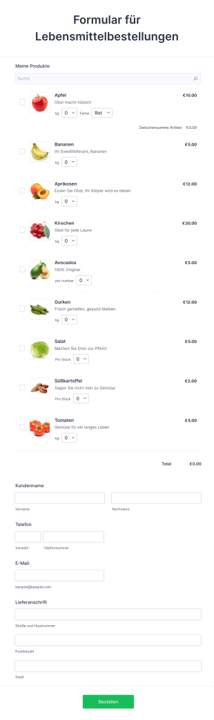 Formular Für Lebensmittelbestellungen