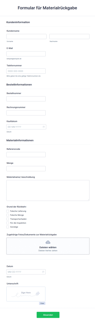Formular Für Materialrückgabe
