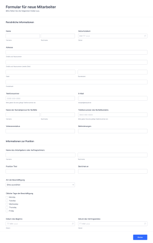 Formular Für Neue Mitarbeiter Form Template