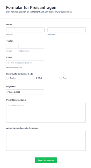 Formular Für Preisanfragen