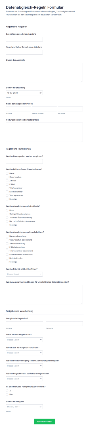 Formular Für Regeln Zur Datenabstimmung