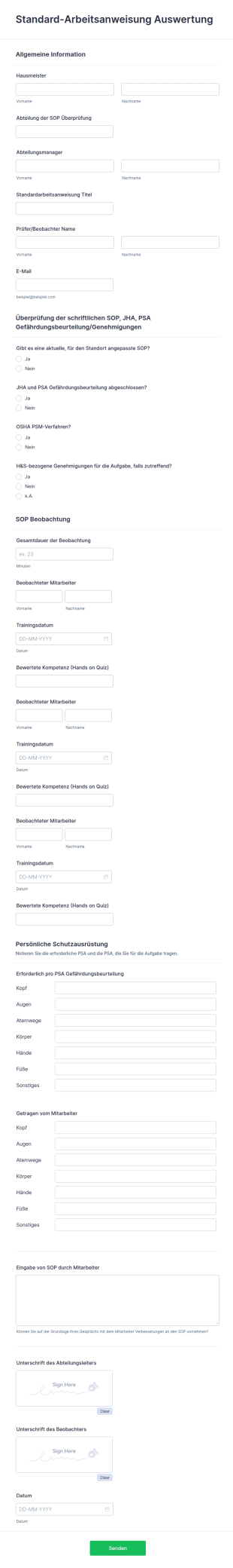 Formular Für Standard Arbeitsanweisung Auswertung