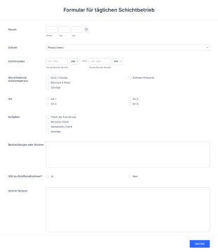 Formular Für Täglichen Schichtbetrieb Form Template