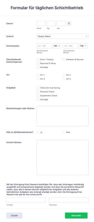 Formular Für Täglichen Schichtbetrieb