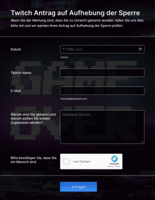 Formular Für Twitch Antrag Auf Aufhebung Der Sperre
