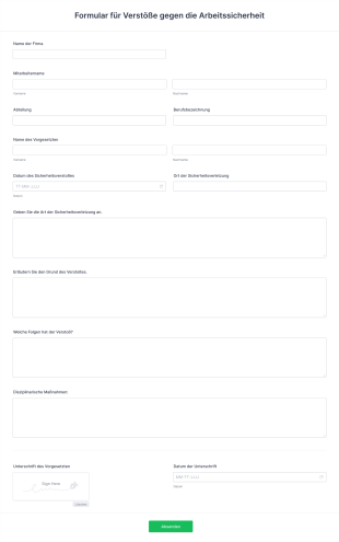 Formular Für Verstöße Gegen Die Arbeitssicherheit Form Template