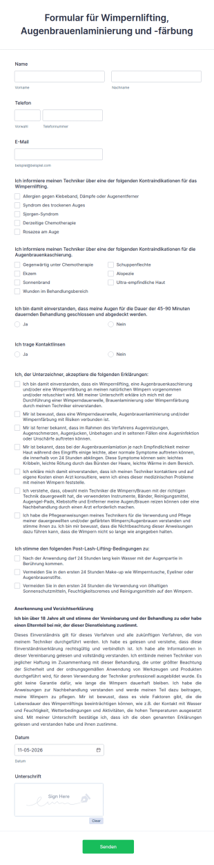 Formular Für Wimpernlifting, Augenbrauenlaminierung Und Färbung