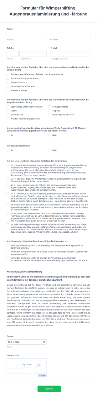 Formular Für Wimpernlifting, Augenbrauenlaminierung Und Färbung
